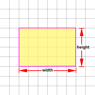 A drawing showing a rectangle width and height measurements with arrows.